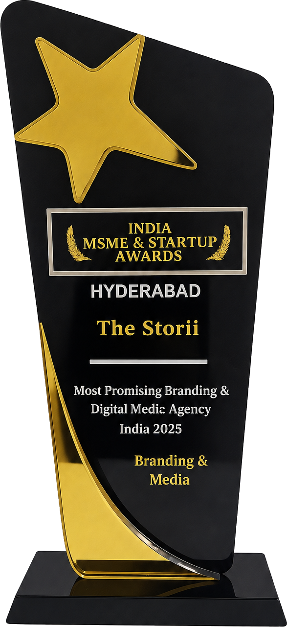 The Storii award trophy — Most Promising Branding & Digital Media Agency, India MSME & Startup Awards 2025